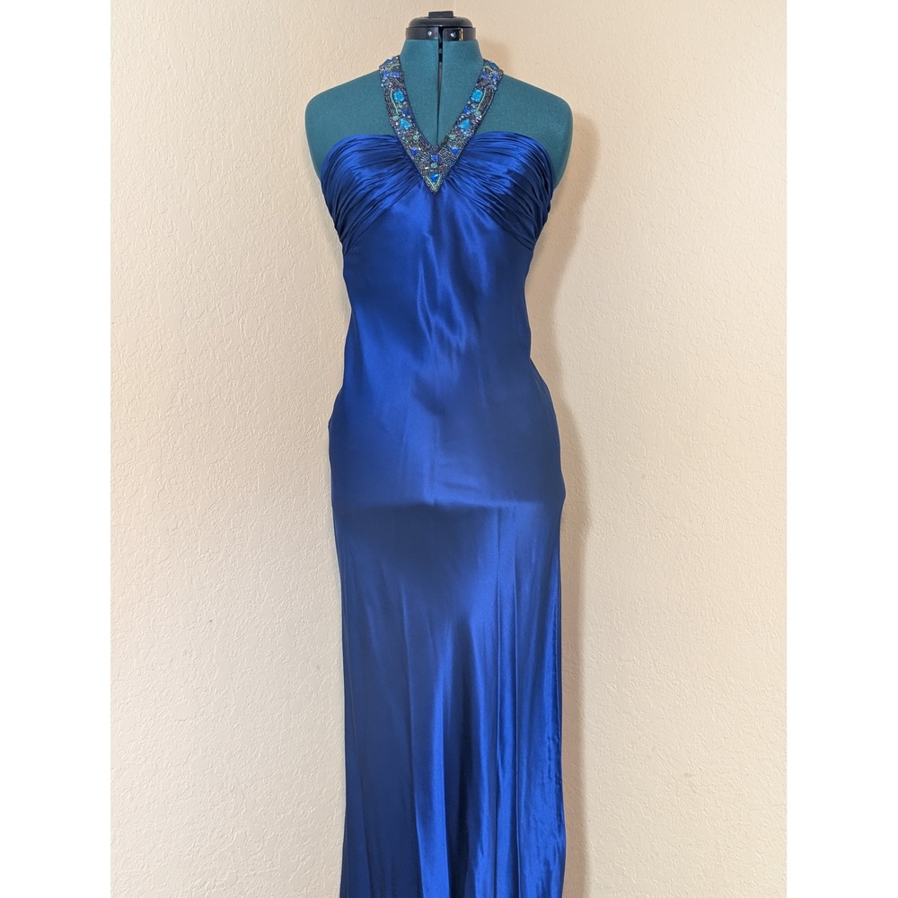 Cache Royal Blue 100% Silk Beaded Halter Neck Maxi Gown Dress Size 4 Y2K READ